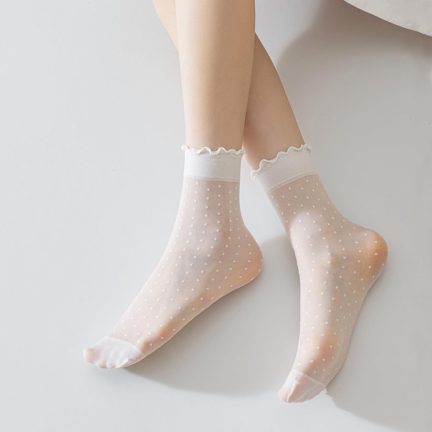 Mcool Mary 12 Pairs Women'S Sheer Ruffle Socks Nude Stocking Summer Ultra Thin Cool See through Silk Ankle Socks for Women