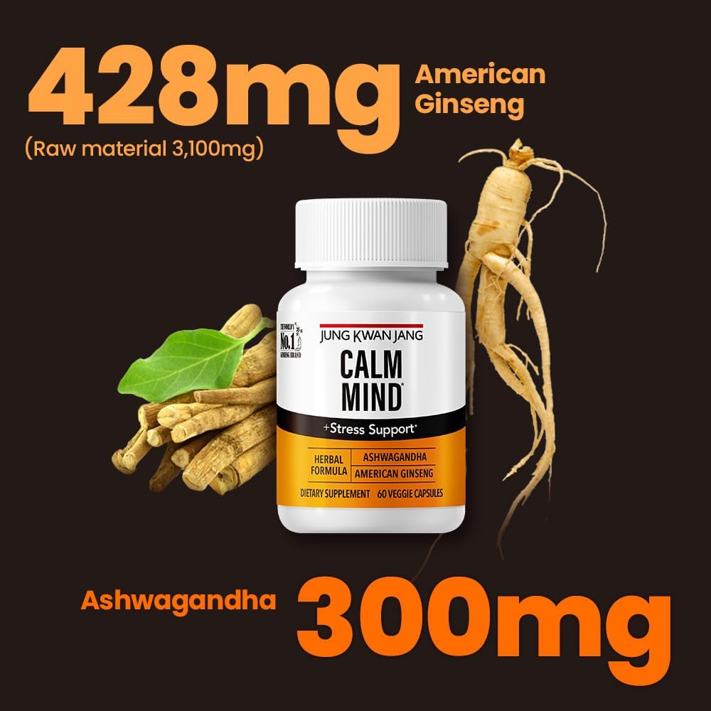 Calm Formula with Ashwagandha 300Mg, American Ginseng 428Mg and L Theanine 204Mg Supplement - 60 Capsule for Men and Women