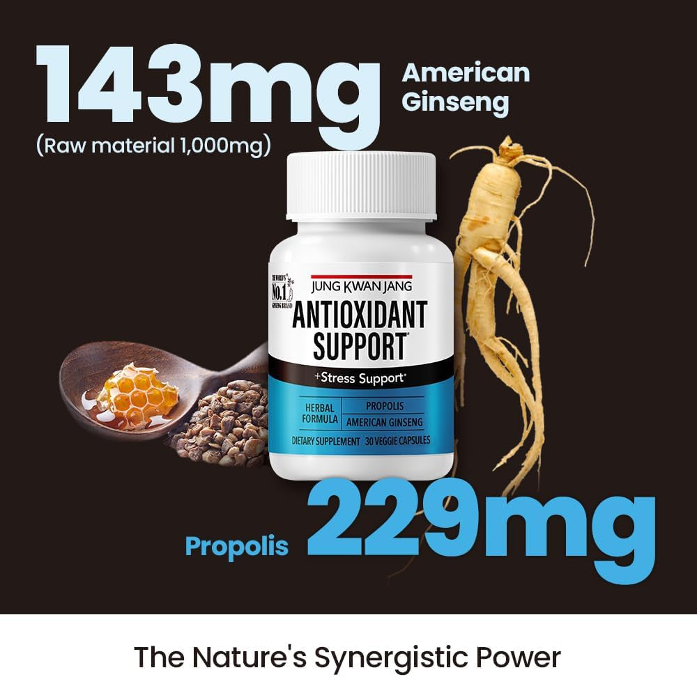 Jungkwanjang Antioxidant Support Blend - Boost Immunity and Energy with Propolis (229Mg) and American Ginseng (143Mg), 30 Capsules for Men and Women