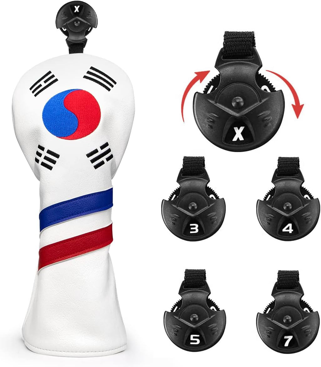 Montela Leather Golf Club Headcovers - White, South Korea Flag Pattern - Driver, Fairway Wood, Hybrid Covers for Titleist, Callaway, Taylormade