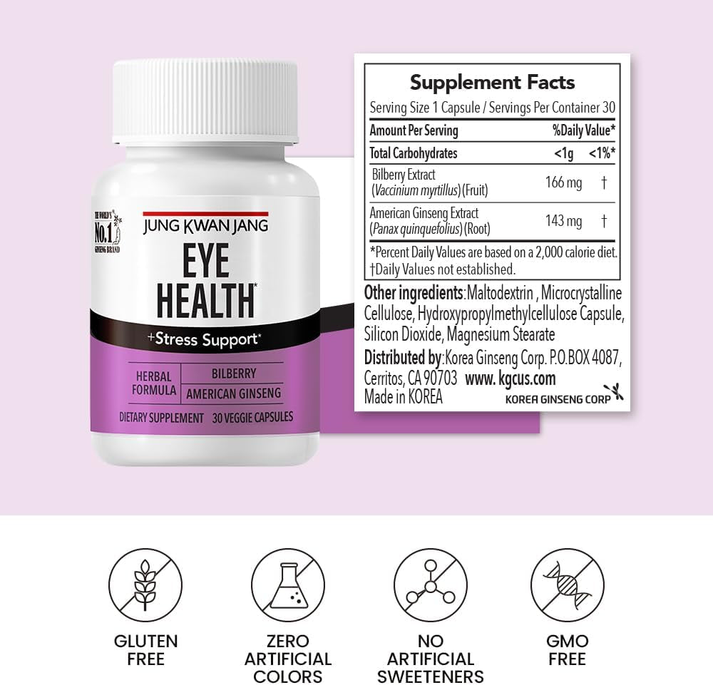 Eye Health Support with Bilberry (166Mg) and American Ginseng (143Mg) for Vision Care, Reduced Eye Strain, Cognitive Support, 30 Capsules for Men and Women