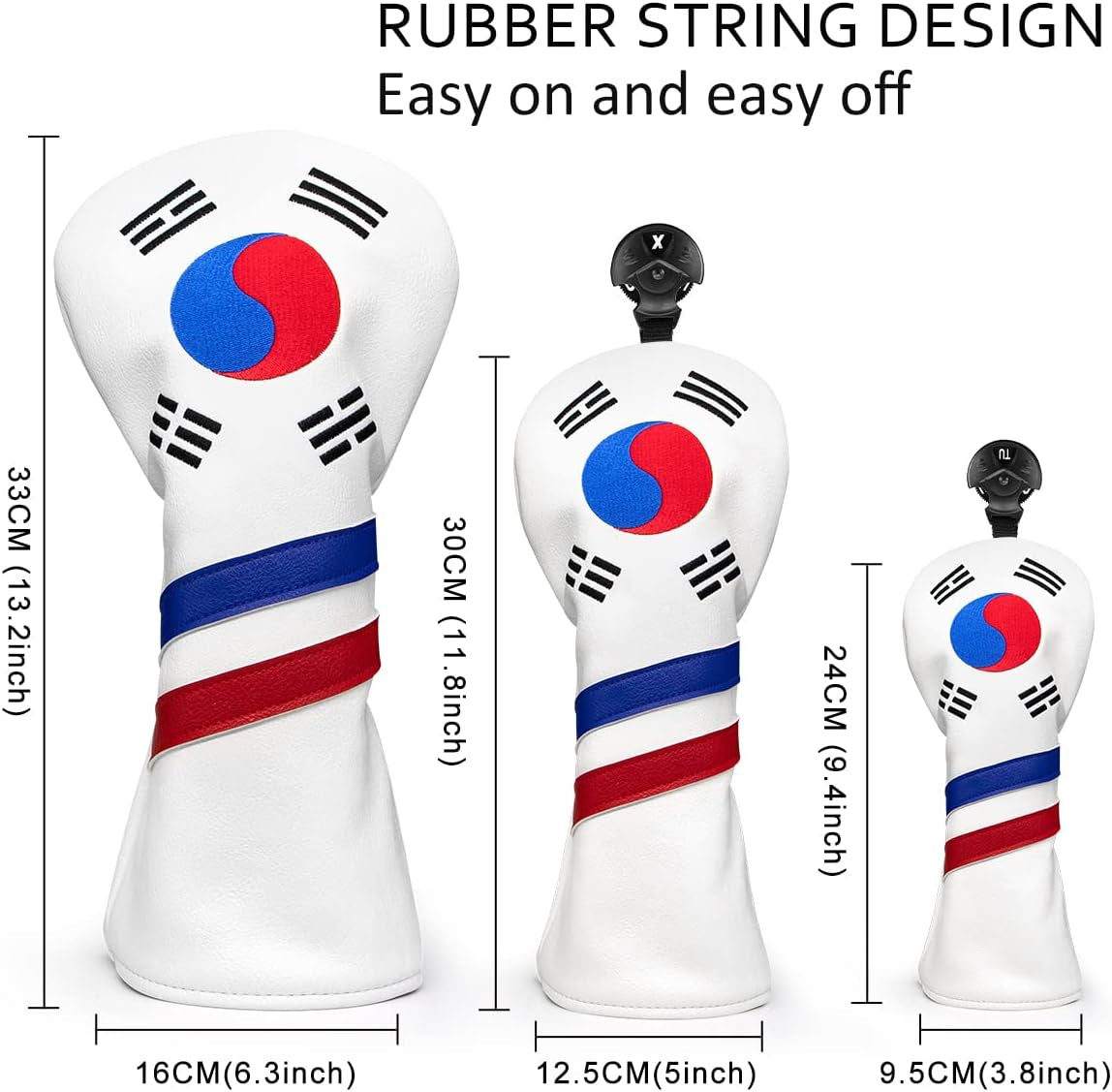 Montela Leather Golf Club Headcovers - White, South Korea Flag Pattern - Driver, Fairway Wood, Hybrid Covers for Titleist, Callaway, Taylormade
