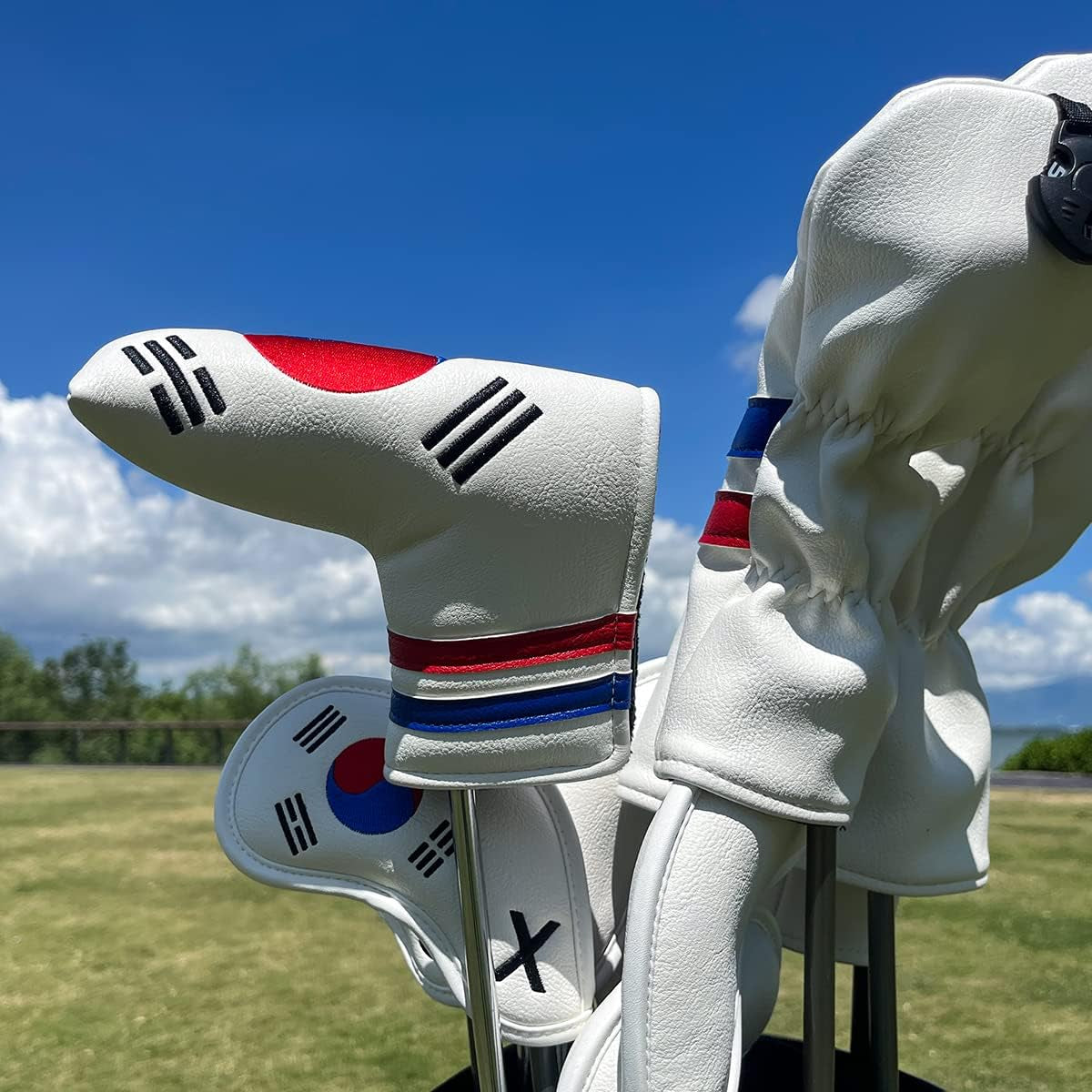 Montela Leather Golf Club Headcovers - White, South Korea Flag Pattern - Driver, Fairway Wood, Hybrid Covers for Titleist, Callaway, Taylormade
