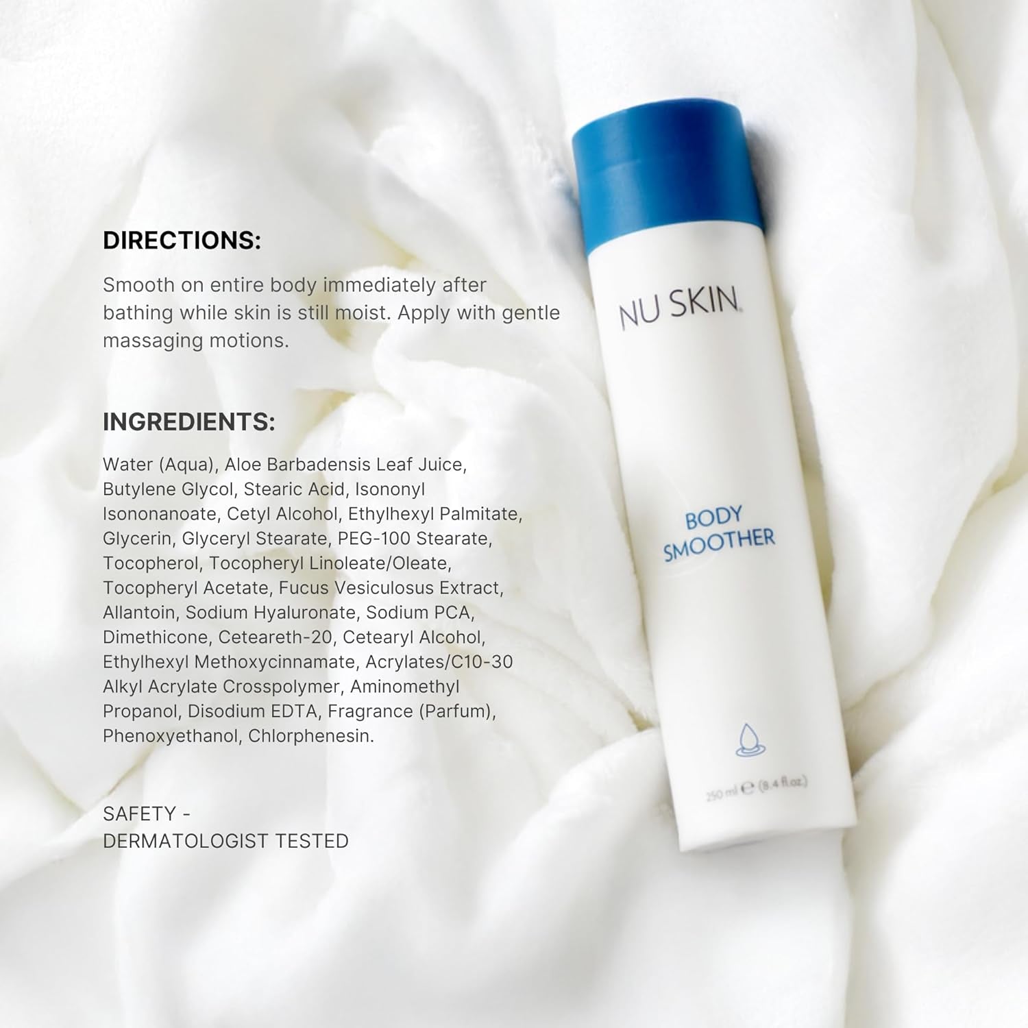 Nu Skin Body Smoother | Luxurious Moisture-Locking Body Lotion with Aloe Vera, Algae Extract, Vitamins a and E for Optimal Skin Nourishment and Hydration | Quick-Absorbing Formula | 8.4 Fl Oz | 1 Pack