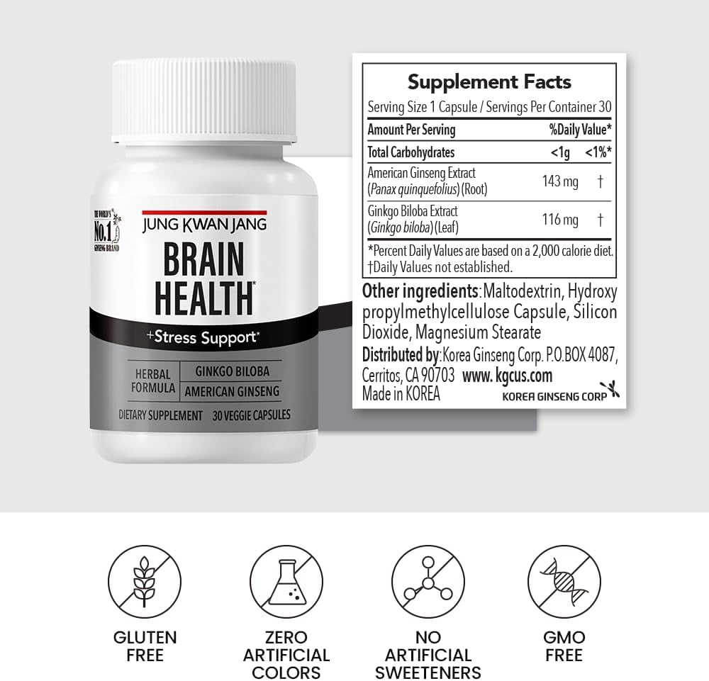 Jungkwanjang Ginkgo Biloba Supplements with American Ginseng for Brain Health Formula, Memory Extra Strength, Focus Booster, Promote Cognitive Function - 30 Capsules for Men and Women