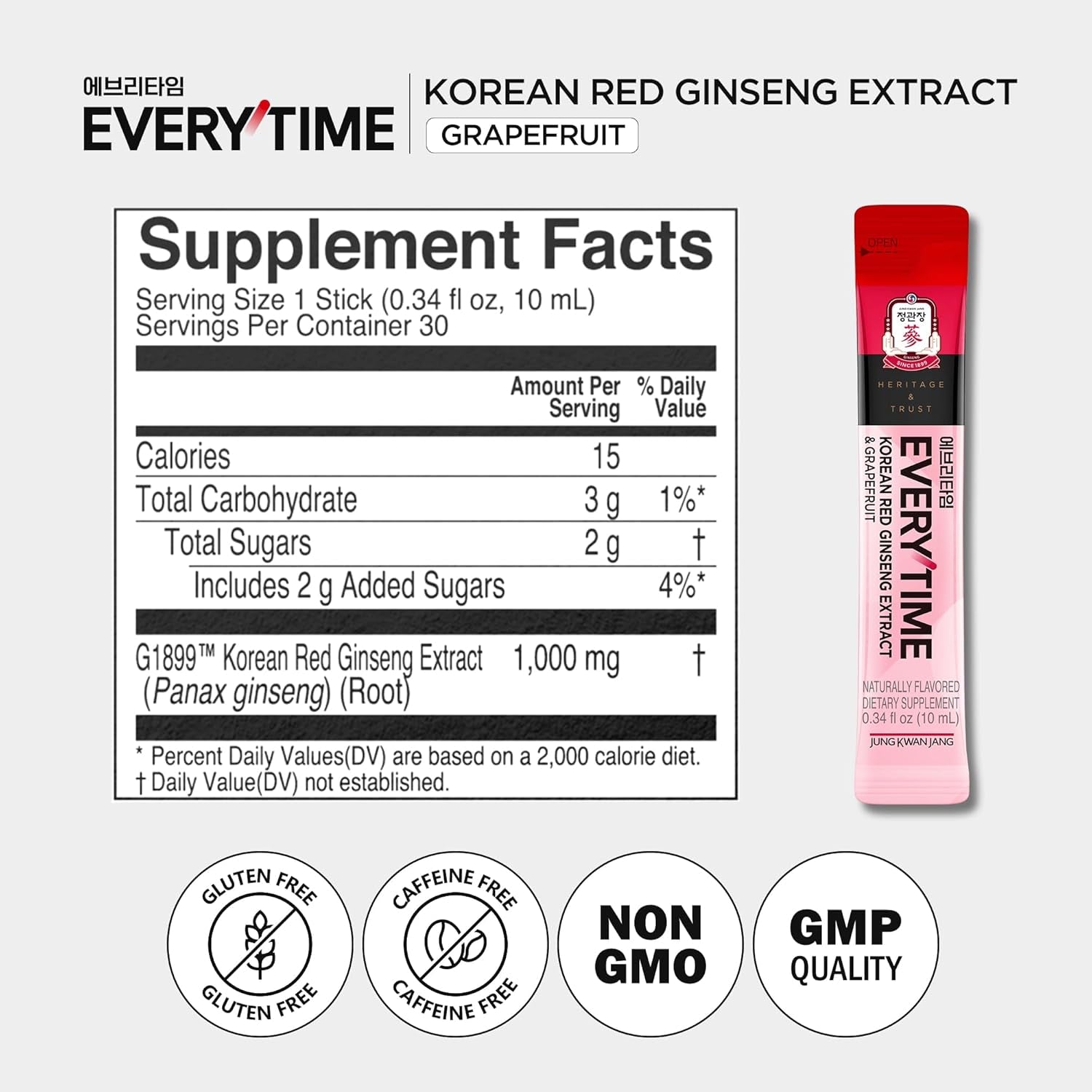Everytime Energy Boost Korean Red Ginseng Extract Stick 1,000Mg & Honey - Vegan Ginseng Energy Drink Liquid Stick Supplements - Builds Stamina & Immunity No Caffeine (30 Sticks)