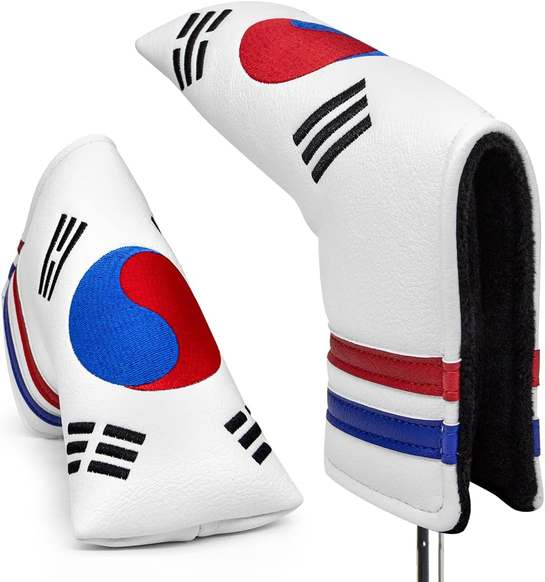 Montela Leather Golf Club Headcovers - White, South Korea Flag Pattern - Driver, Fairway Wood, Hybrid Covers for Titleist, Callaway, Taylormade