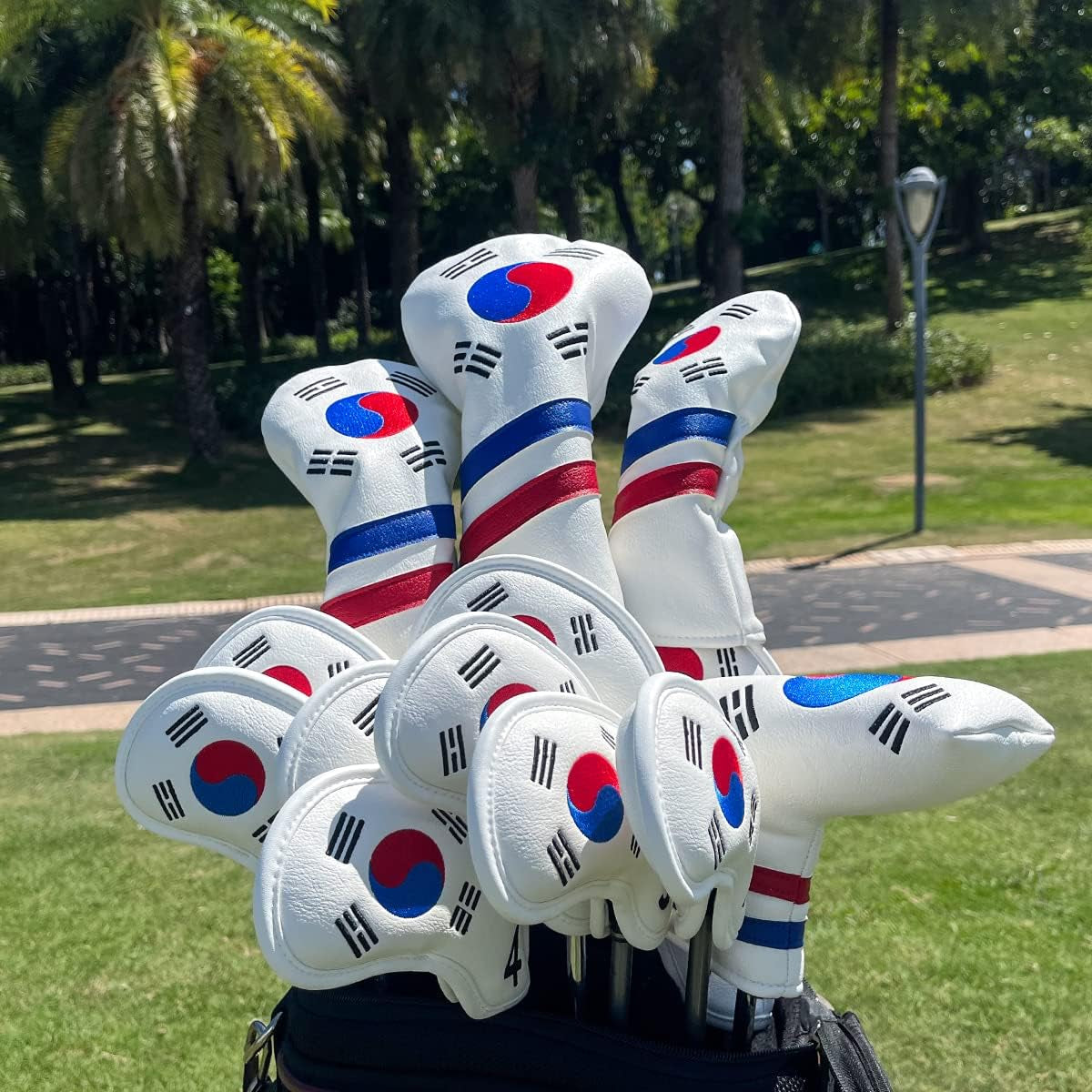 Montela Leather Golf Club Headcovers - White, South Korea Flag Pattern - Driver, Fairway Wood, Hybrid Covers for Titleist, Callaway, Taylormade