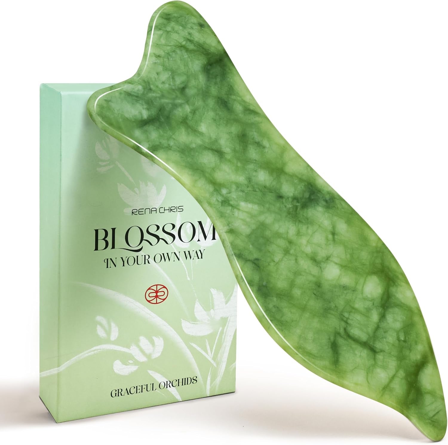 Rena Chris Natural Jade Gua Sha Facial Tools - Acupressure & Gua Sha for Face Massage, Jawline Sculpting, Puffiness Reduction, Guasha Skin Care Tool with Carry Pouch and Cleaning Cloth