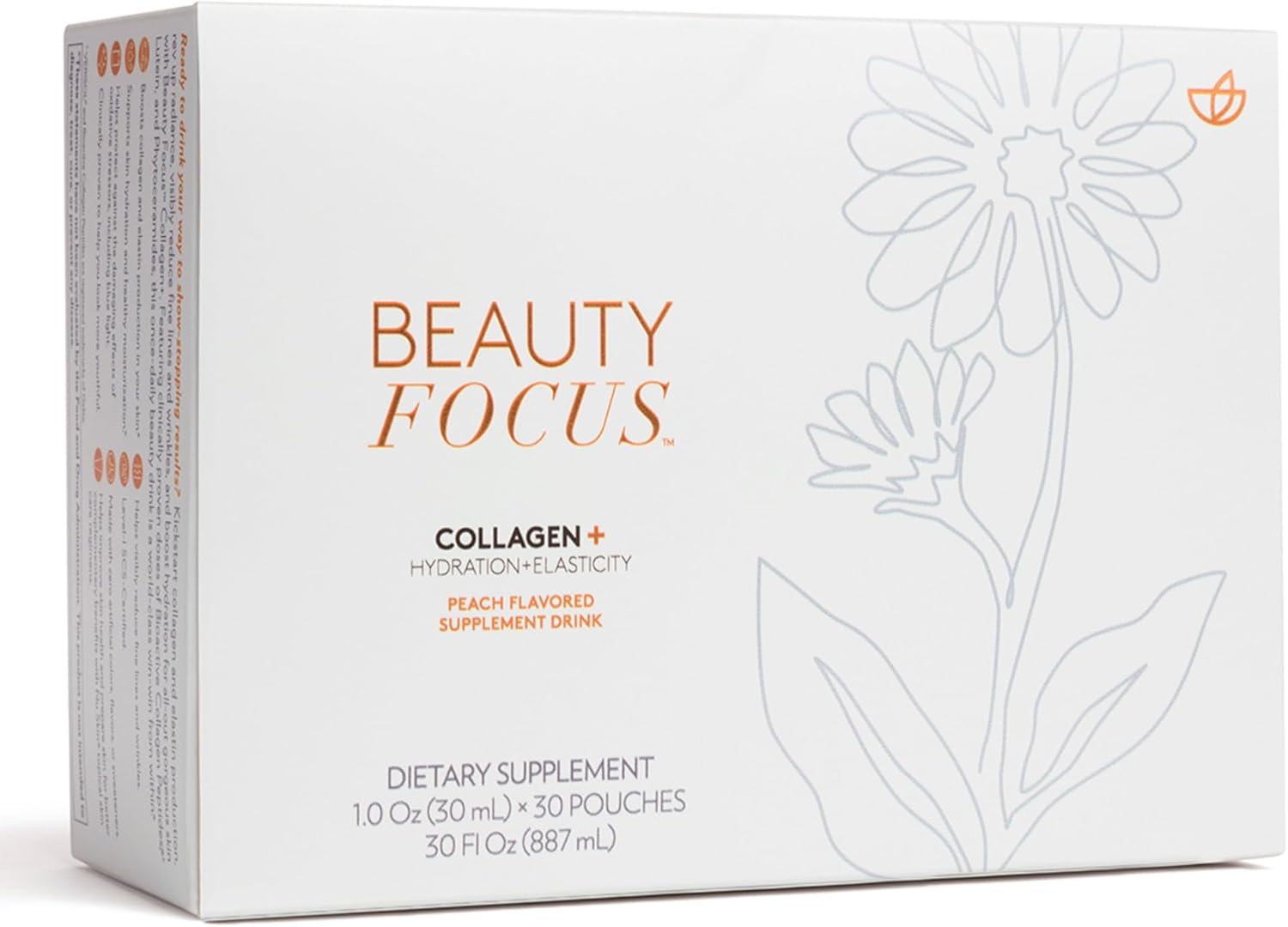 Beauty Focus Collagen plus | Peach Flavor | 1.0 Fl Oz | 30 Packets | Liquid Collagen for Women and Men | Supports Skin Hydration | Collagen Peptides