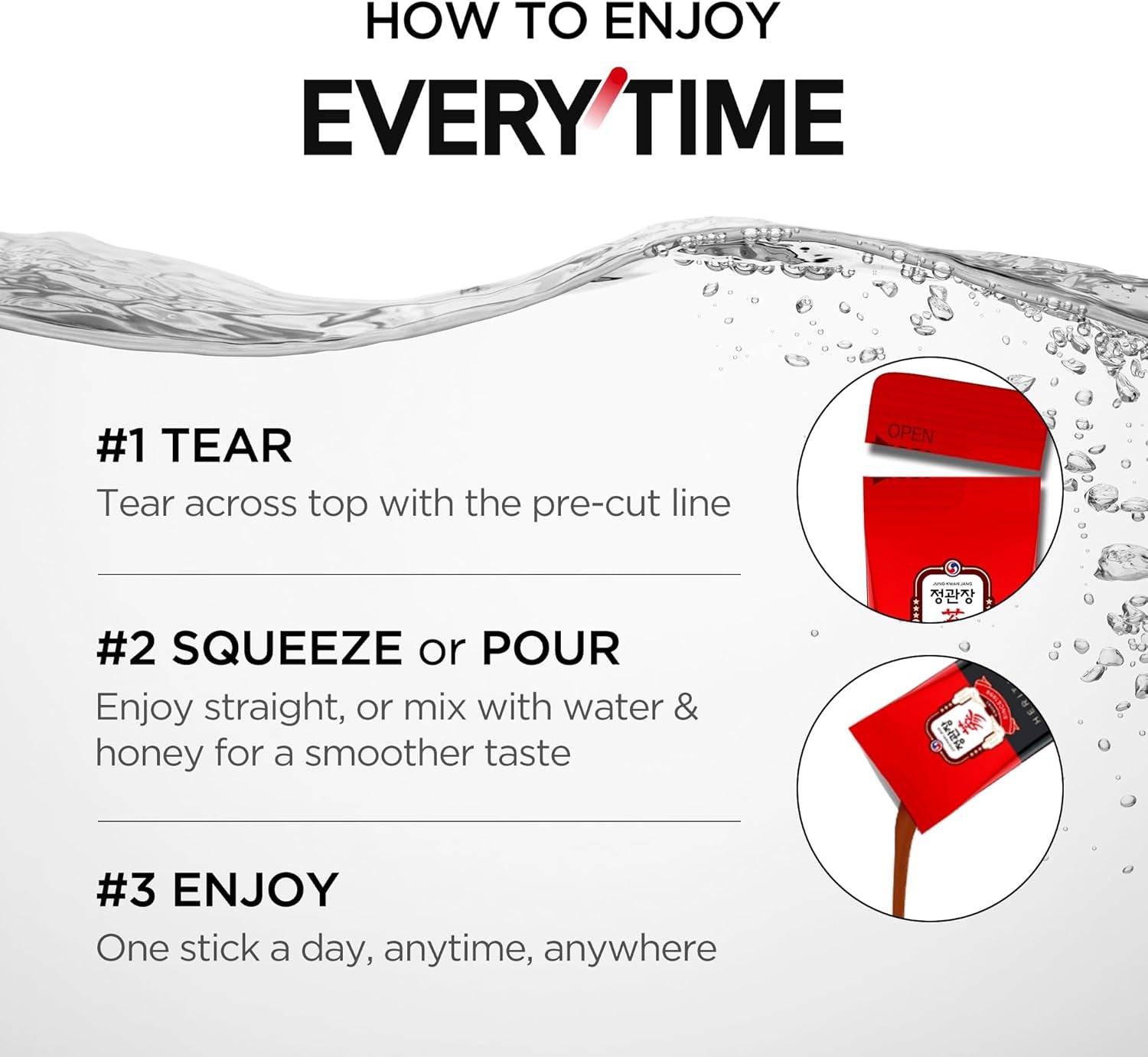 Everytime Korean Red Ginseng Extract Stick 3,000Mg Original - Adaptogen Energy Drink Liquid Stick Supplements - Energy Boost & Immune Support, Caffeine Free (30 Sticks)