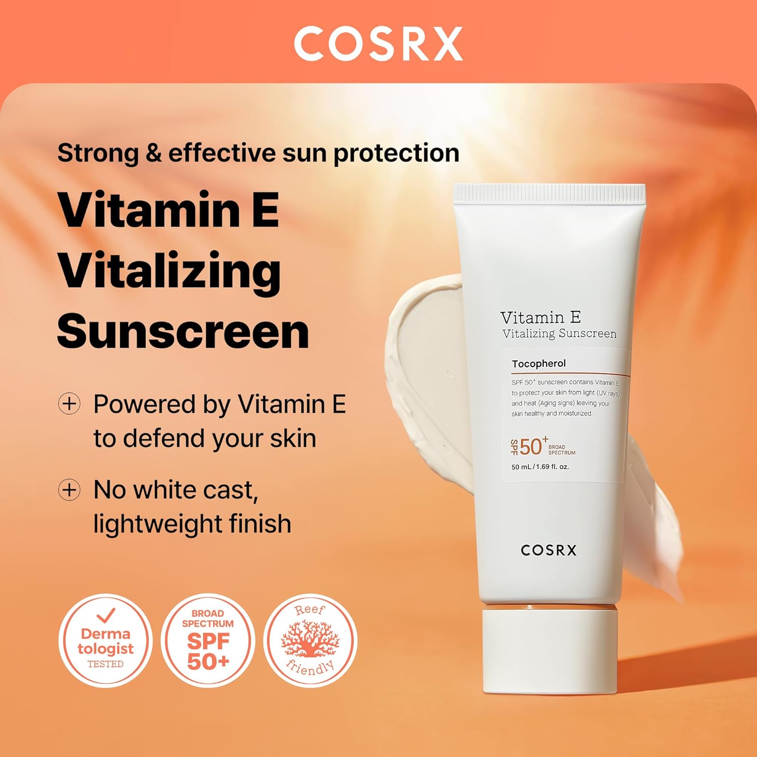 COSRX Vitamin E Vitalizing Face Sunscreen SPF 50, 1.69 Fl Oz, SPF Moisturizer, Lightweight under Makeup, Travel Essentials, Summer Essentials, Korean Skin Care, Korean Sunscreen for Face