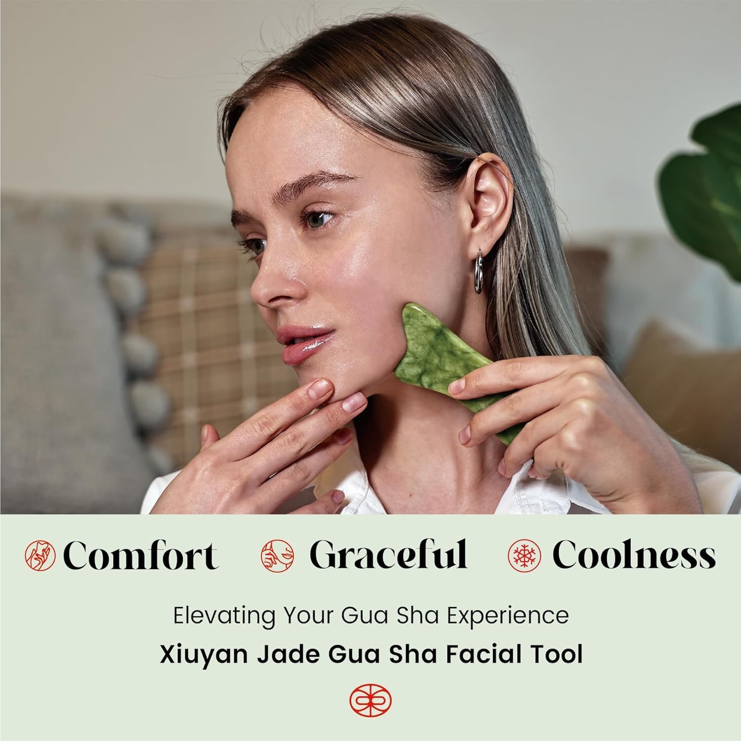 Rena Chris Natural Jade Gua Sha Facial Tools - Acupressure & Gua Sha for Face Massage, Jawline Sculpting, Puffiness Reduction, Guasha Skin Care Tool with Carry Pouch and Cleaning Cloth
