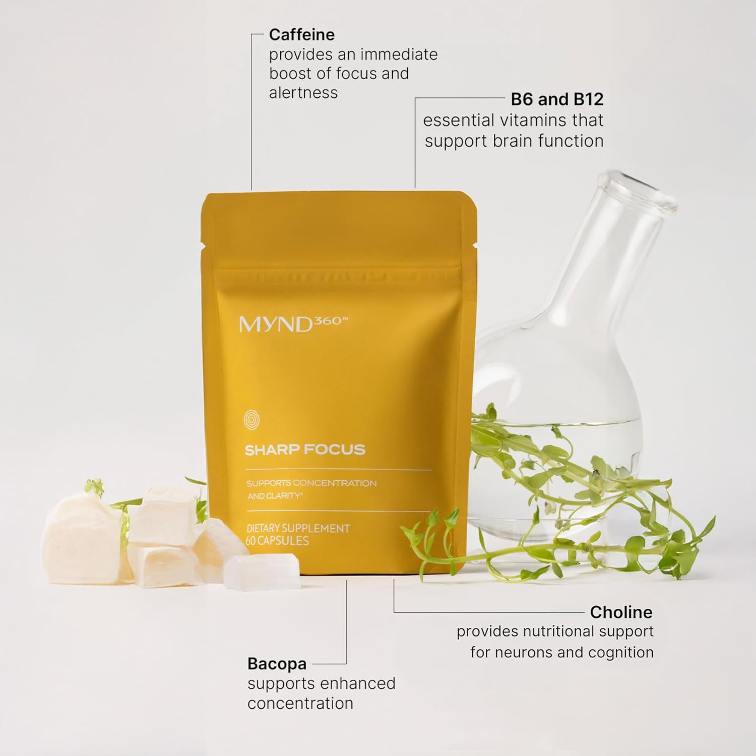 Nu Skin MYND360 Sharp Focus | 60 Capsules | Vitamin B12 & Vitamin B6 for Memory, Focus, and Clarity | Caffeine Infused Brain Health Supplement | Safe Daily Vitamin B Support for Boosted Concentration