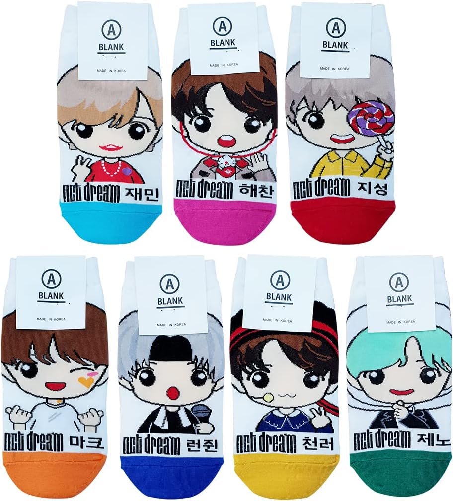 Women'S Kpop NCT Dream Cartoon Character Socks - Made in Korea, Sky, Green, Orange, Pink, Red, Blue, Yellow
