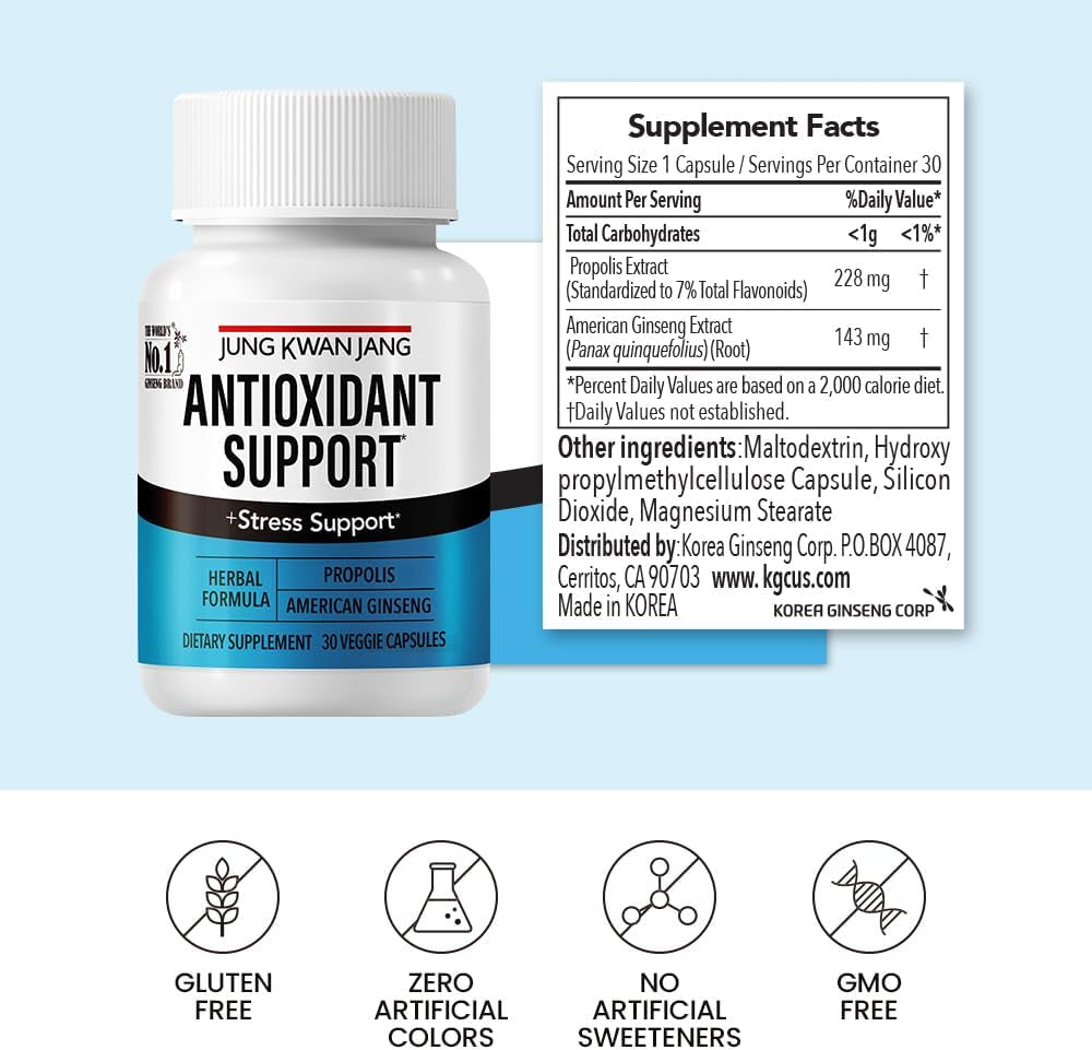 Jungkwanjang Antioxidant Support Blend - Boost Immunity and Energy with Propolis (229Mg) and American Ginseng (143Mg), 30 Capsules for Men and Women