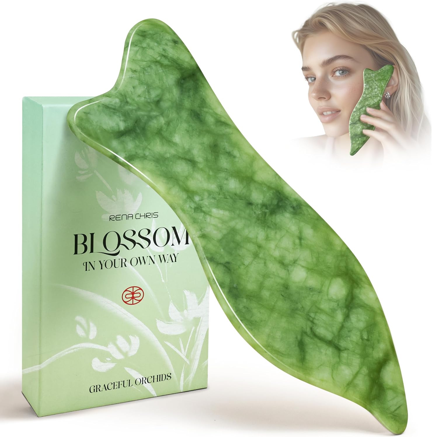 Rena Chris Natural Jade Gua Sha Facial Tools - Acupressure & Gua Sha for Face Massage, Jawline Sculpting, Puffiness Reduction, Guasha Skin Care Tool with Carry Pouch and Cleaning Cloth
