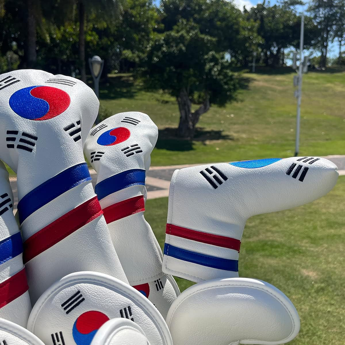 Montela Leather Golf Club Headcovers - White, South Korea Flag Pattern - Driver, Fairway Wood, Hybrid Covers for Titleist, Callaway, Taylormade