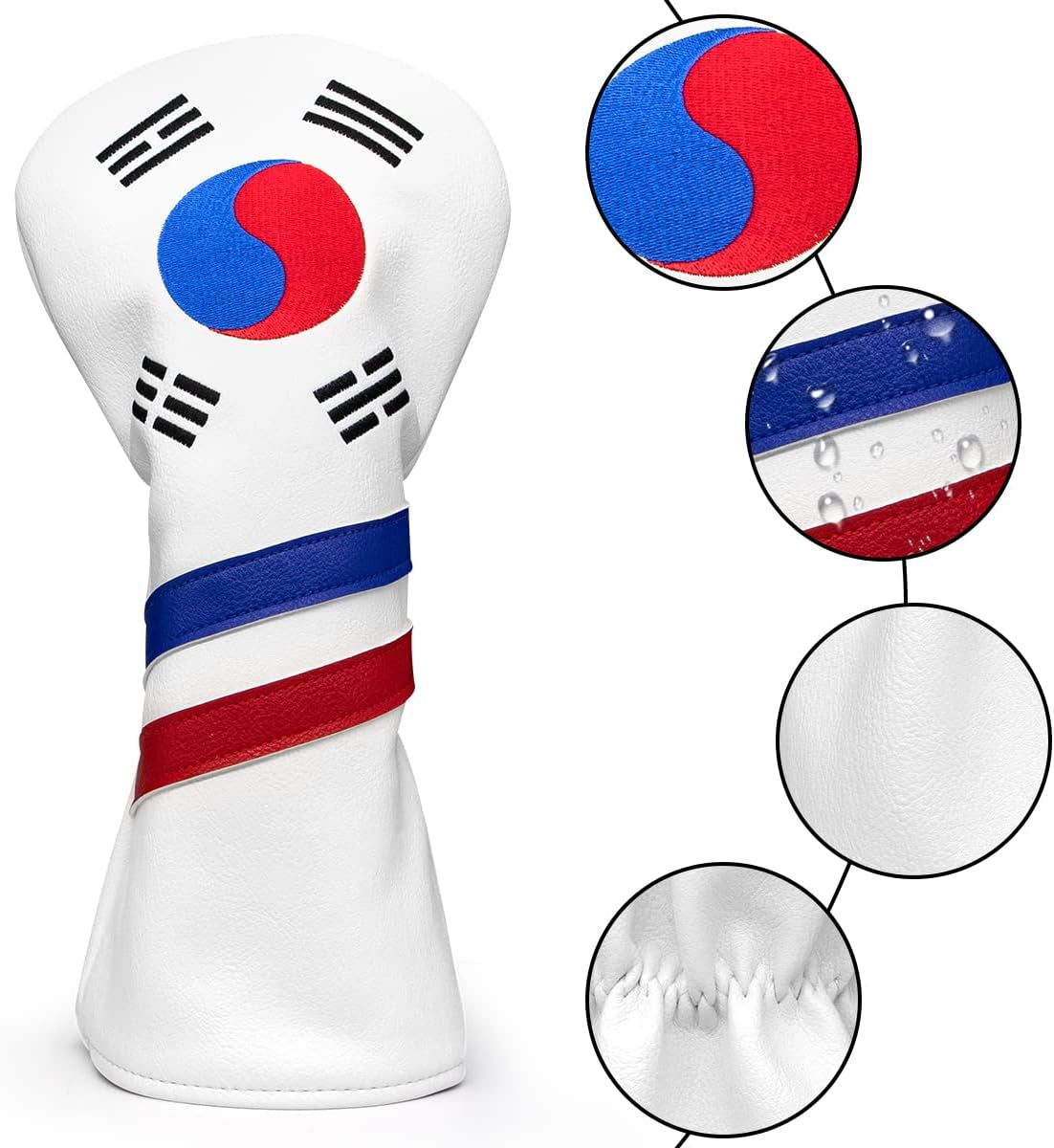 Montela Leather Golf Club Headcovers - White, South Korea Flag Pattern - Driver, Fairway Wood, Hybrid Covers for Titleist, Callaway, Taylormade
