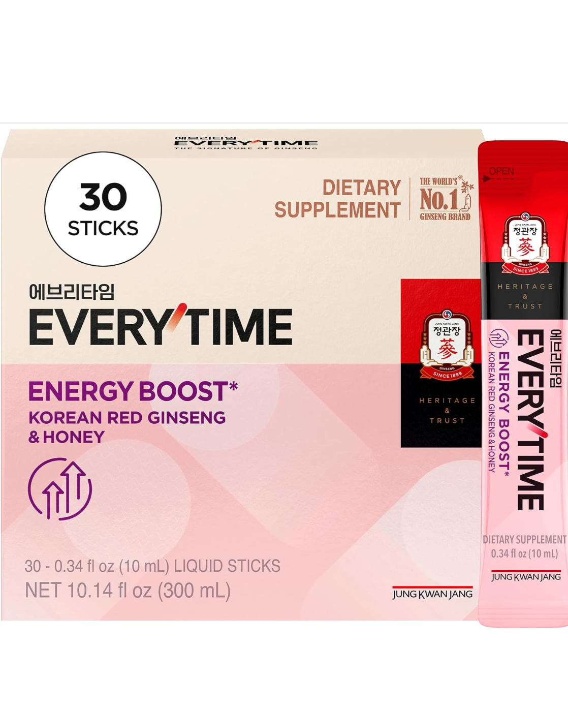 정관장 에브리타임 1000Mg 홍삼 & 꿀 30포  Everytime Energy Boost Korean Red Ginseng Extract Stick 1,000Mg & Honey