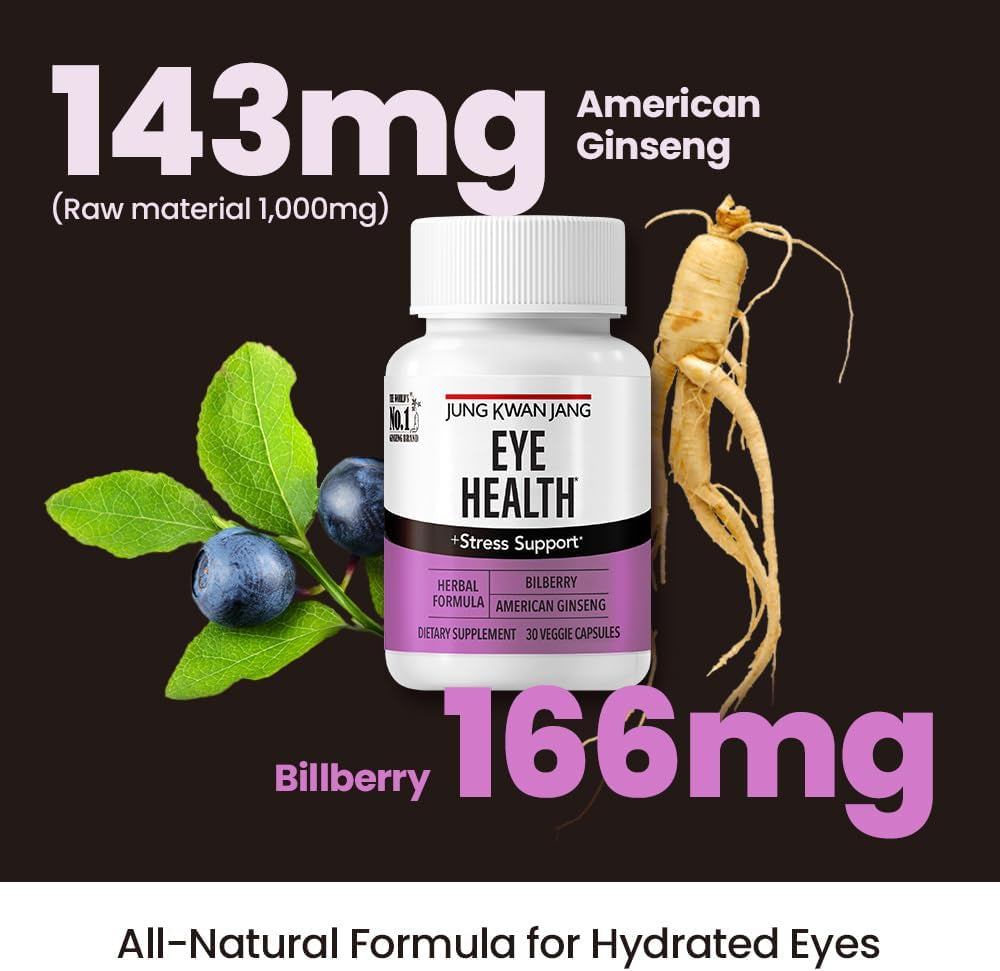 Eye Health Support with Bilberry (166Mg) and American Ginseng (143Mg) for Vision Care, Reduced Eye Strain, Cognitive Support, 30 Capsules for Men and Women