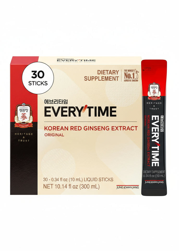 Everytime Korean Red Ginseng Extract Stick 3,000Mg Original - Adaptogen Energy Drink Liquid Stick Supplements - Energy Boost & Immune Support, Caffeine Free (30 Sticks)