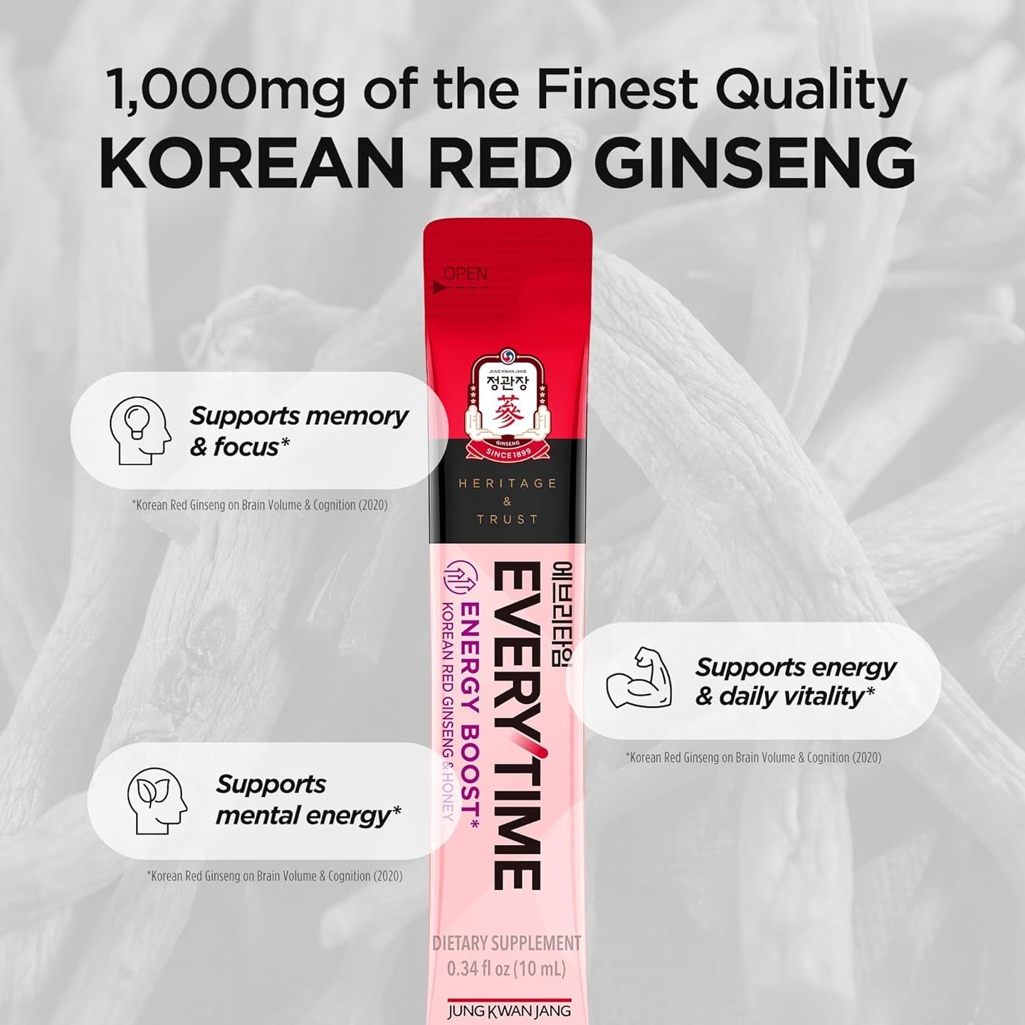 Everytime Energy Boost Korean Red Ginseng Extract 1,000Mg & Honey - Vegan Ginseng Energy Drink Liquid Stick Supplements - Builds Stamina & Immunity No Caffeine (10 Sticks, 0.34 Fl Oz)