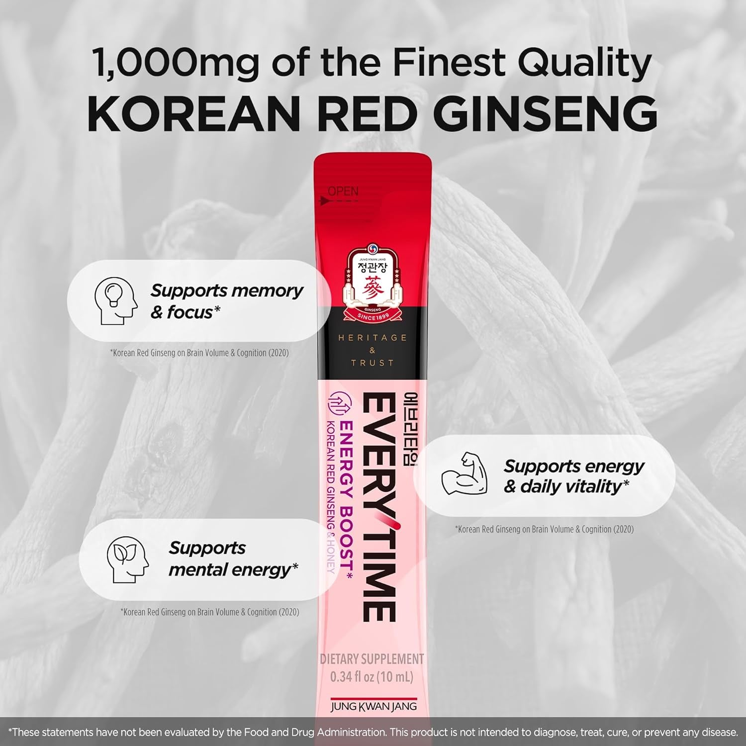 Everytime Energy Boost Korean Red Ginseng Extract Stick 1,000Mg & Honey - Vegan Ginseng Energy Drink Liquid Stick Supplements - Builds Stamina & Immunity No Caffeine (30 Sticks)