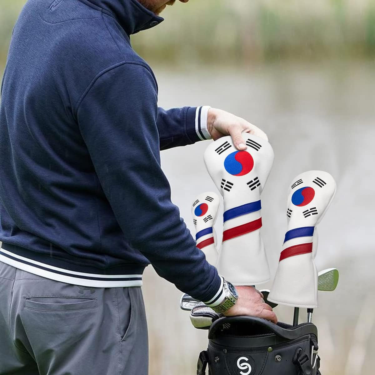Montela Leather Golf Club Headcovers - White, South Korea Flag Pattern - Driver, Fairway Wood, Hybrid Covers for Titleist, Callaway, Taylormade