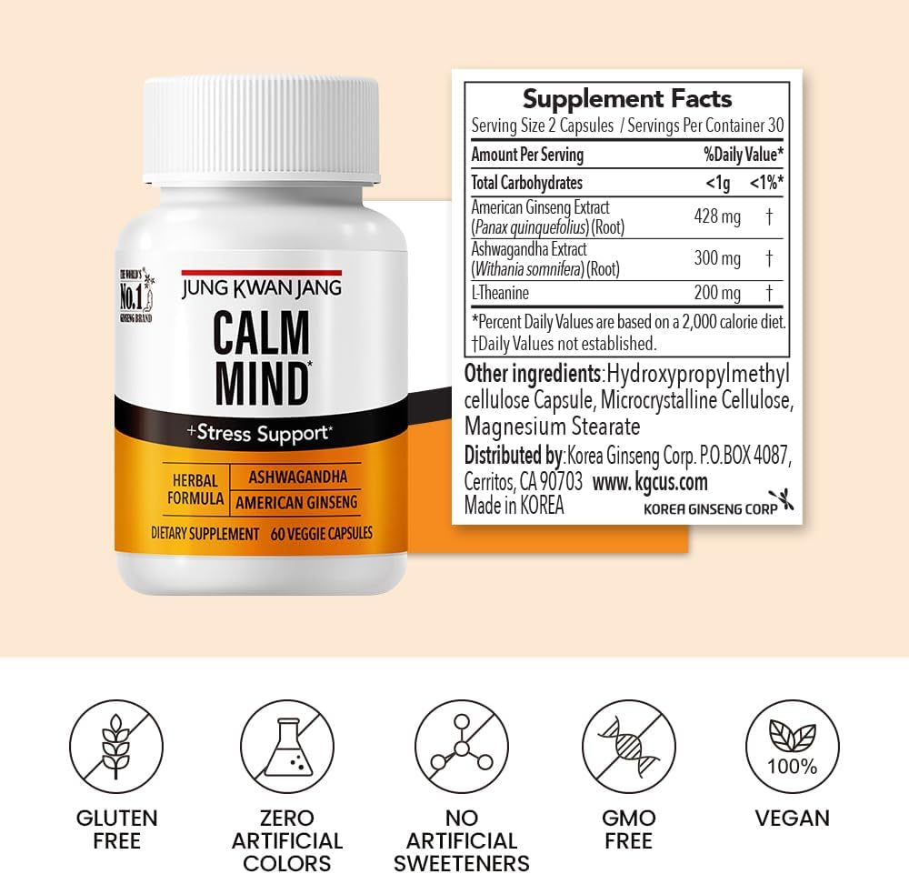 Calm Formula with Ashwagandha 300Mg, American Ginseng 428Mg and L Theanine 204Mg Supplement - 60 Capsule for Men and Women