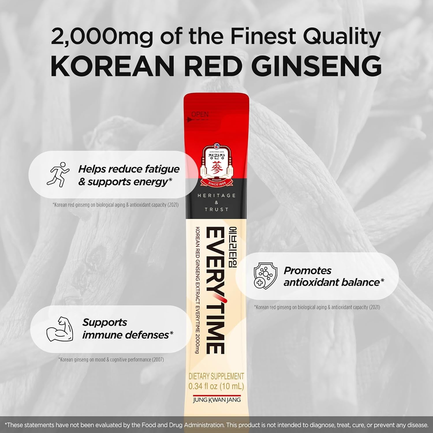 Everytime Korean Red Ginseng Extract Stick 2,000Mg Signature - Adaptogen Energy Drink, Liquid Stick Supplements with Propolis - Energy Boost & Immune Support, Caffeine Free (30 Sticks)