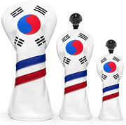 Montela Leather Golf Club Headcovers - White, South Korea Flag Pattern - Driver, Fairway Wood, Hybrid Covers for Titleist, Callaway, Taylormade