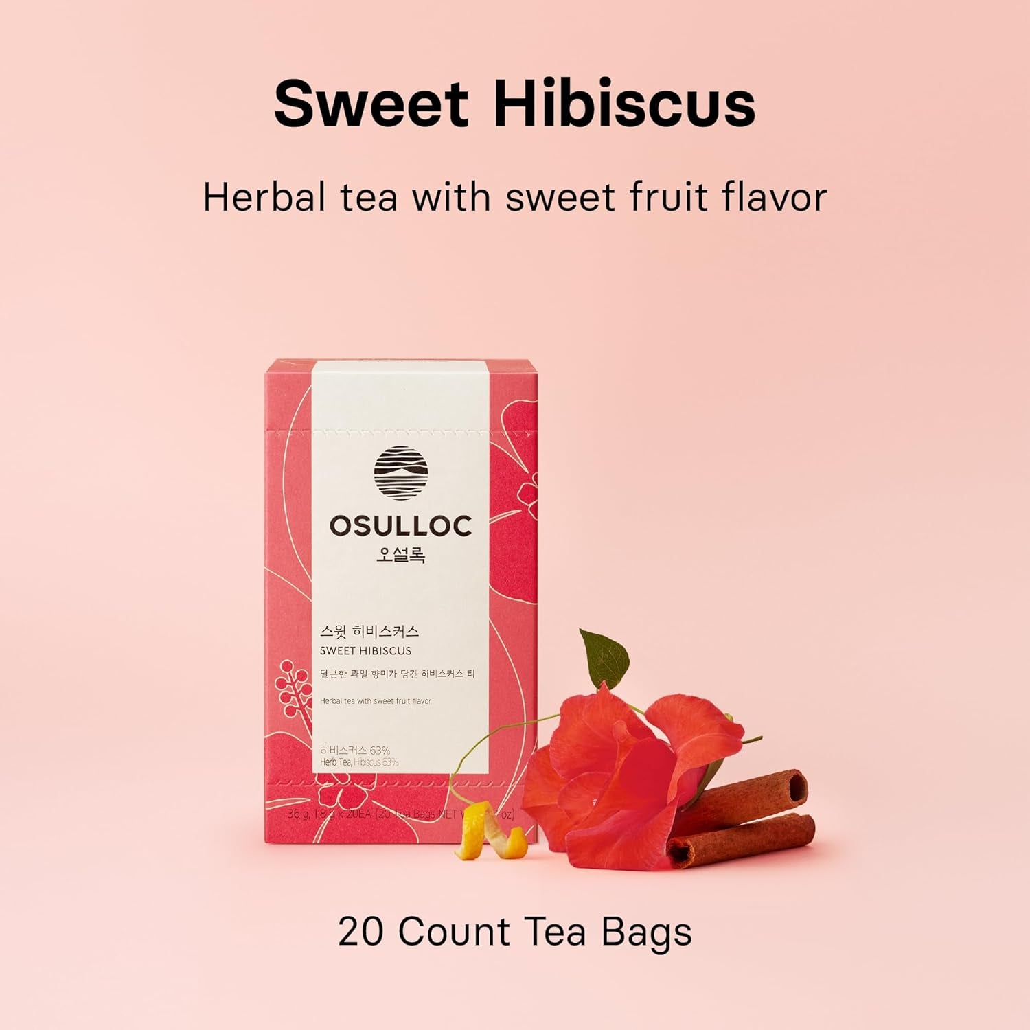 OSULLOC Sweet Hibiscus (Lemon & Cinnamon Flavor), Decaffeinated Herbal Tea, Relaxing Fruit Blended Hibiscus Tea, Premium Tea Bags from Jeju Island, 20 Count, 1.27 Oz