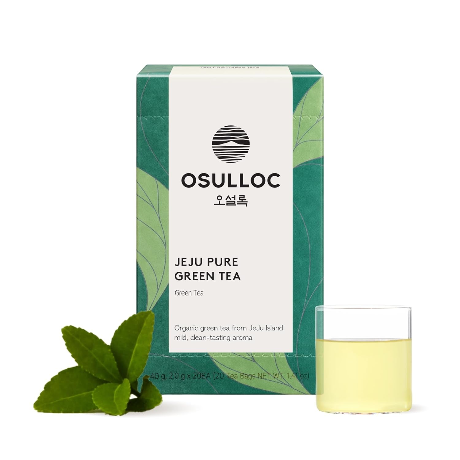 OSULLOC Pure Green Tea (Mild, Clean Tasting Aroma), USDA Organic, Premium Blended Tea from Jeju, Tea Bag Series 20 Count