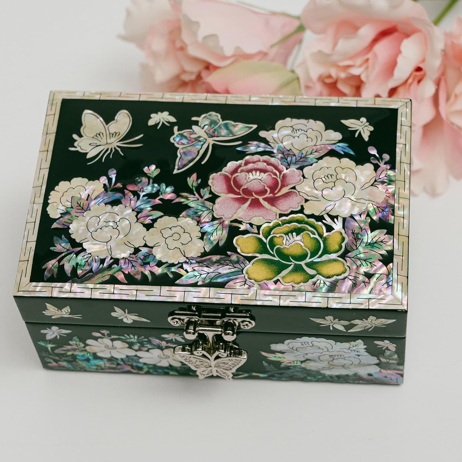 February Mountain Luxury Mother of Pearl Jewelry Box – Handcrafted Korean Keepsake Box with Floral and Butterfly Design, Ideal Christmas and Birthday Gift for Women, Mom, Sister, Wife, or Grandma