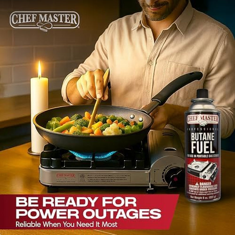 Chef Master 4X 8Oz Butane Fuel Canister - Butane Refill for Kitchen Torch & Camp Stove - Gas Canister for Picnics, Outdoor Cooking, Grilling - Camping Stove, Torch Fuel Camping Essentials - 90340
