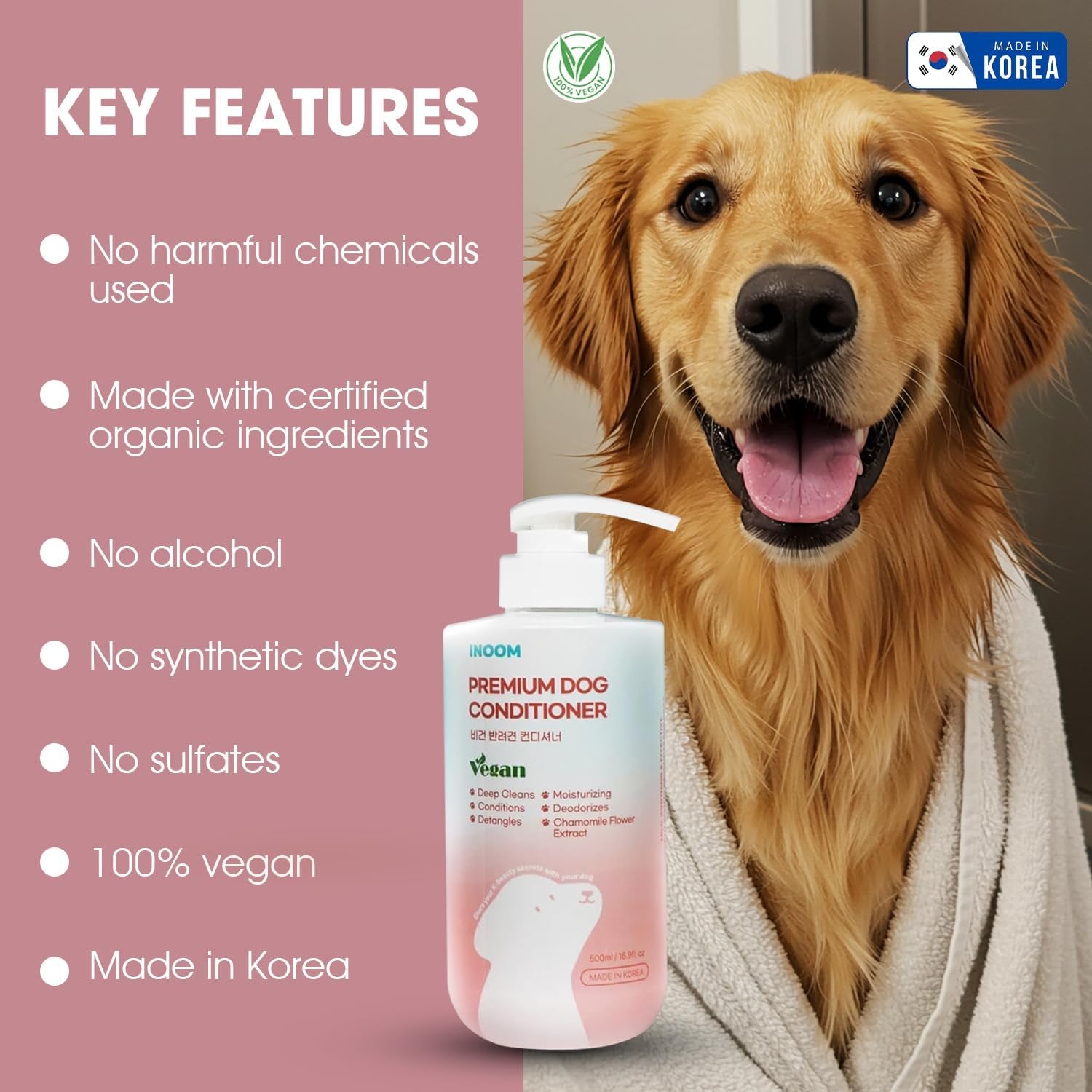 Korean Vegan Dog Conditioner 500Ml – Natural Ingredients Conditioner for Puppy to Adult Dogs Moisturizing for Sensitive Skin & Ultra Softness, Shiny, Strong & Long-Lasting Scent – Made in Korea