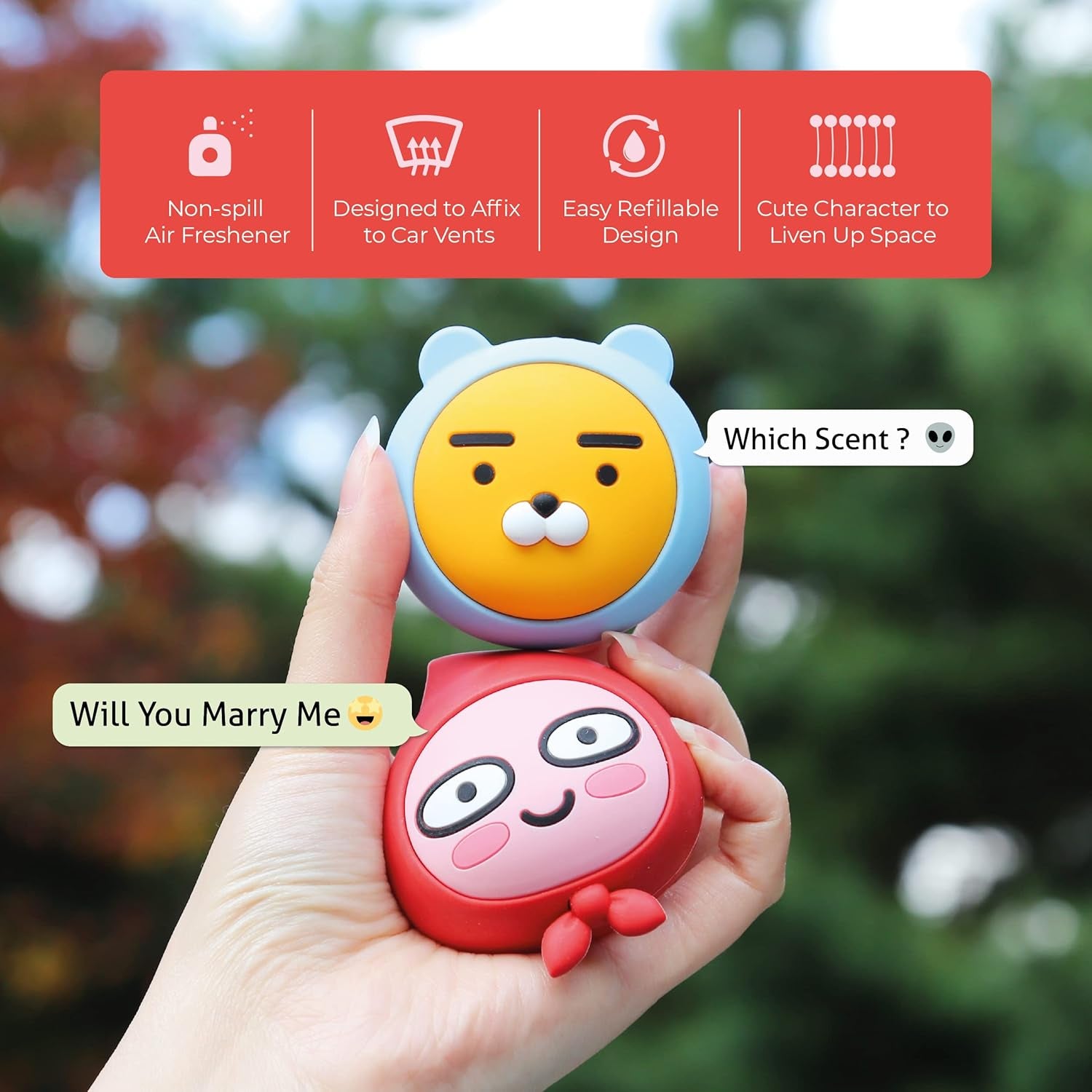 AURA Car Air Freshener Vent Clip, Apeach (Will You Marry Me, 0.14Fl Oz*2, Pack of 2) - Long-Lasting Odor-Fighting Scent. Kakao Friends Figurine. Car Decoration Accessories, Diffuser, Absorber