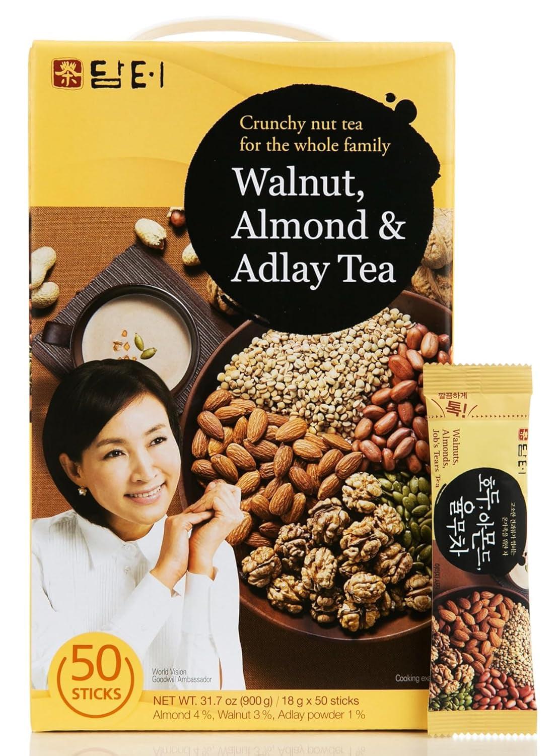 Damtuh Korean Walnut Almond Adlay (Job'S Tear) Powder Meal Replacement Shake – Nutty Breakfast Drink, Misugaru, 18G X 50 Sticks