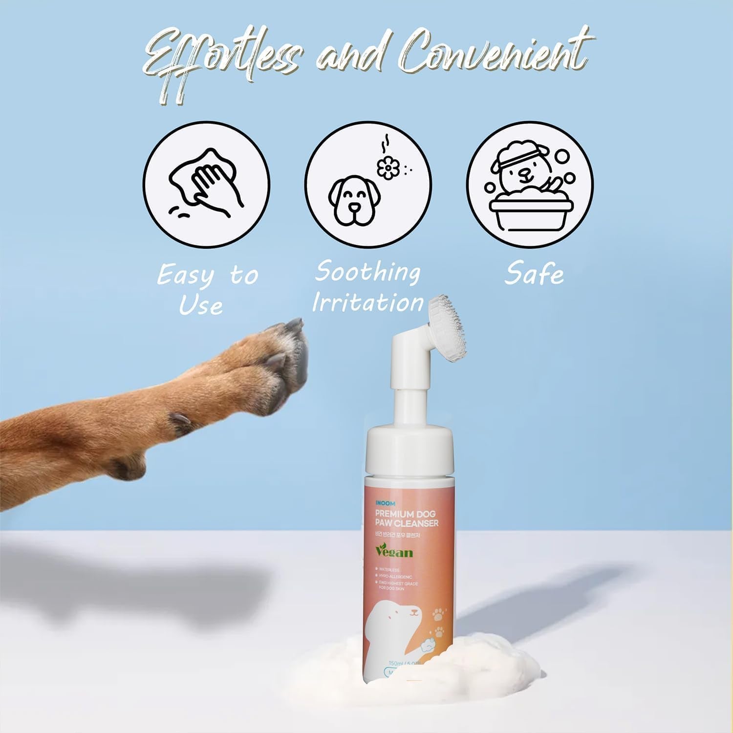 Korean Vegan Dog Paw Cleaner 150Ml – Waterless Paw Cleanser with Silicone Brush – Perfect for Puppy to Adult Dogs – Gentle & Non-Irritating Dogs Paws – Moisturizes & Cleanses – Made in Korea