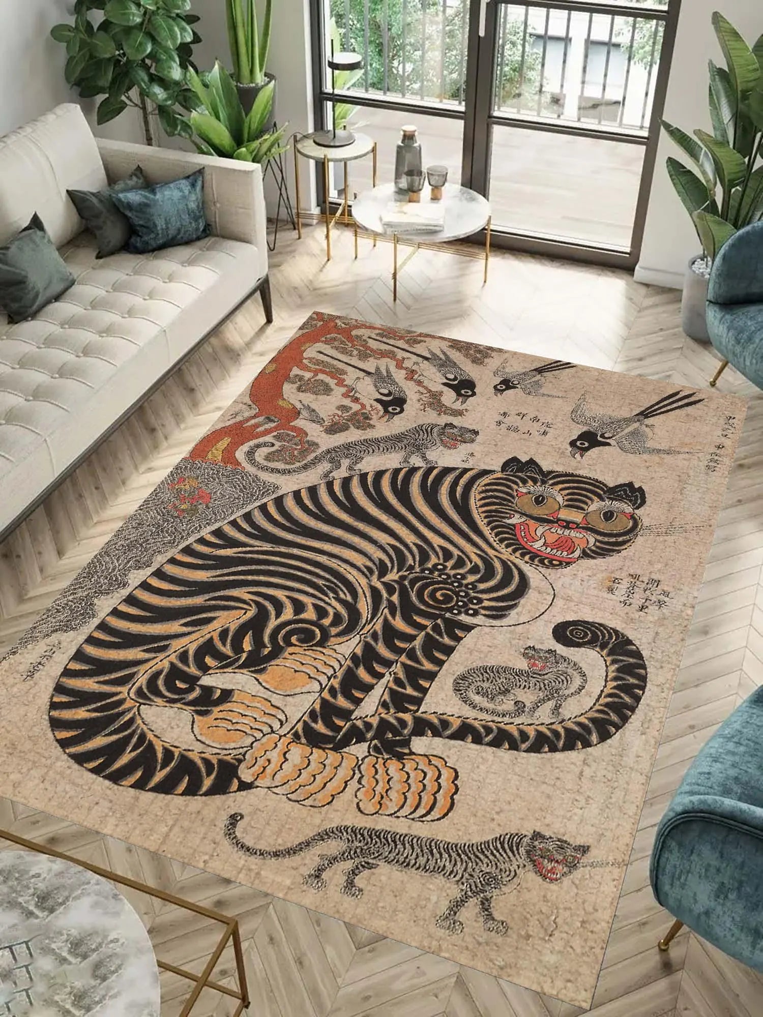 Korean Art, Asian Art, Korean Painting, Japanese Tiger Painting, Tiger Carpet, Eclectic Bedroom Decor, Tiger Area Rug, Housewarming Gift Rug