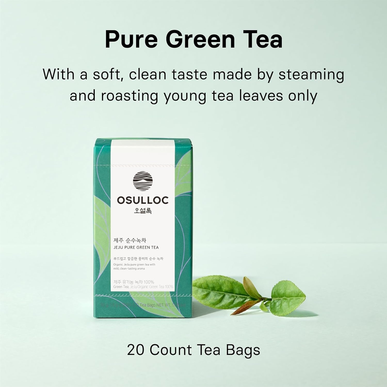 OSULLOC Pure Green Tea (Mild, Clean Tasting Aroma), USDA Organic, Premium Blended Tea from Jeju, Tea Bag Series 20 Count