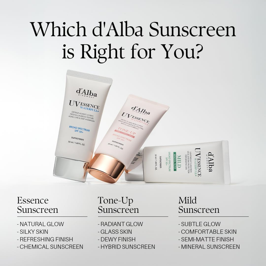 D'Alba Piedmont Italian White Truffle Waterfull Essence Sunscreen, Vegan Skincare, Lightweight Sunscreen with BROAD SPECTRUM SPF 50+, Glowy, Safe for All Skin Types, Korean Skin Care (1.69 Fl. Oz)