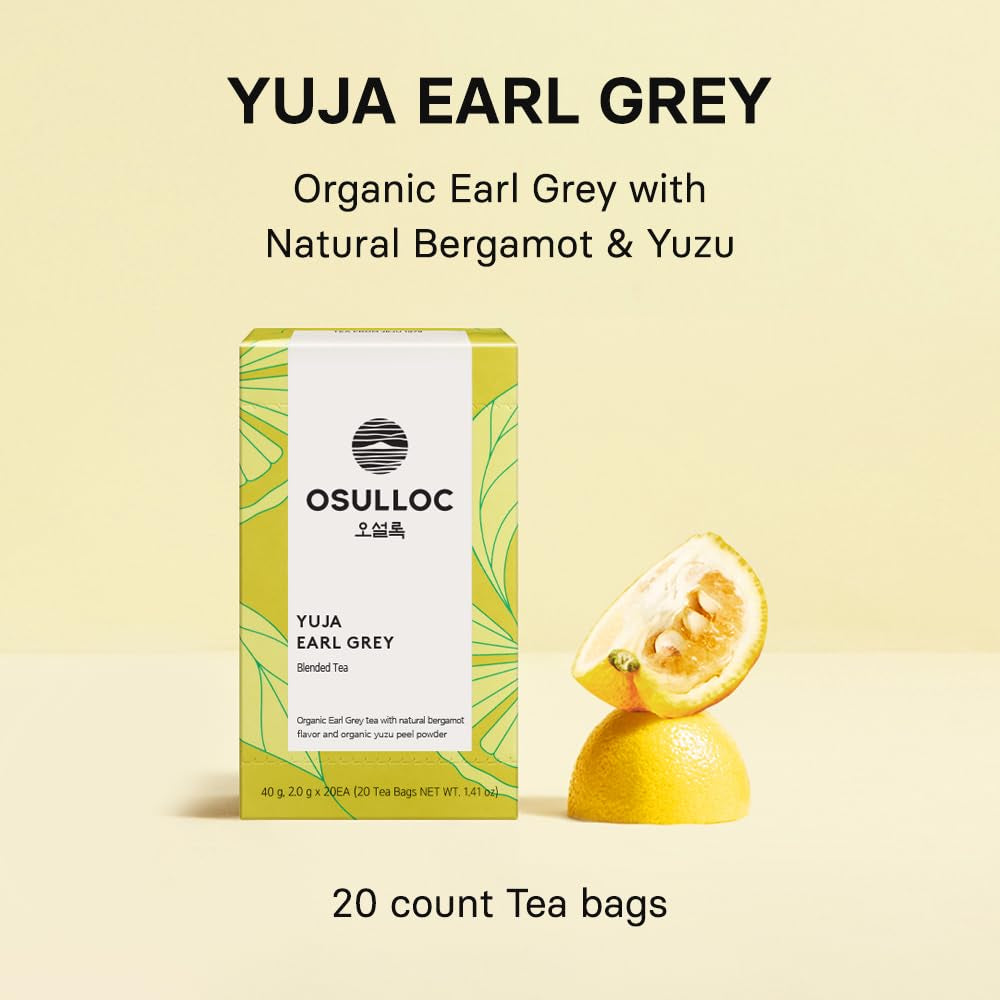 OSULLOC Yuja Earl Grey (Natural Bergamot Flavor, Yuju), USDA Organic, Premium Teabags from Jeju Island, 20 Count, 1.41 Oz, 40G