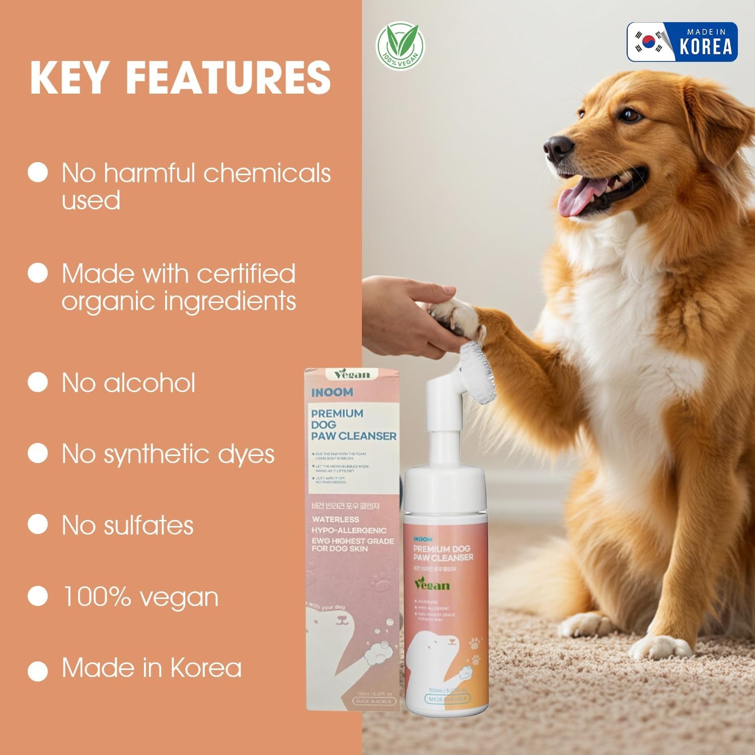 Korean Vegan Dog Paw Cleaner 150Ml – Waterless Paw Cleanser with Silicone Brush – Perfect for Puppy to Adult Dogs – Gentle & Non-Irritating Dogs Paws – Moisturizes & Cleanses – Made in Korea