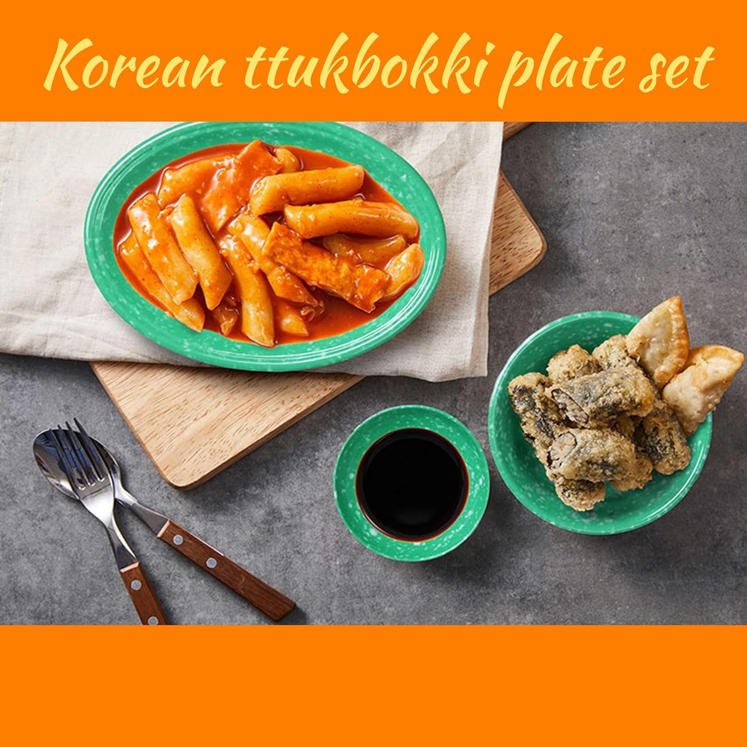 Korean Tteokbokki Set, 6 Melamine Traditional Snack Dinnerware, 2 Big Oval Plates, 3 Square Plates and 1 Large Bowl, Indoor and Outdoor Party Dish, Break-Resistance