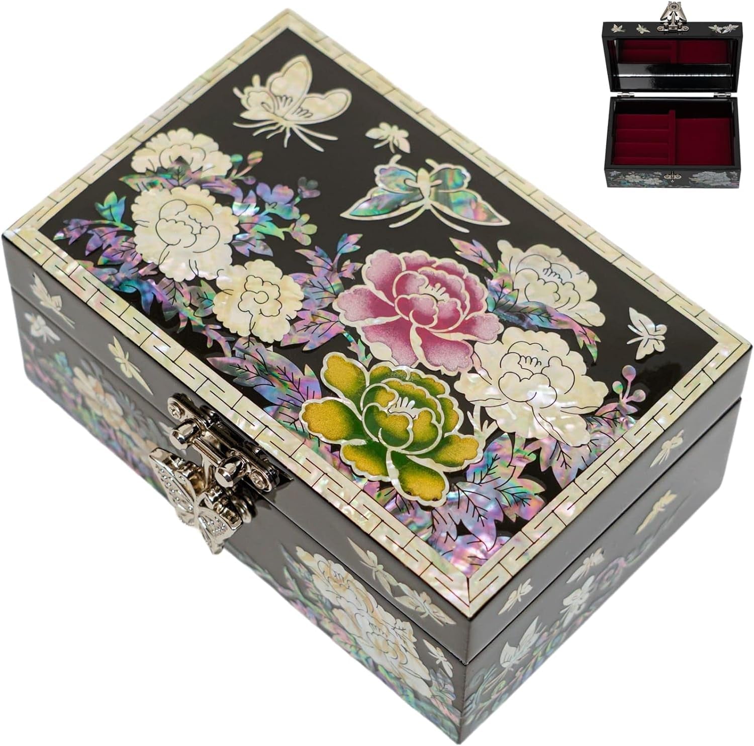 February Mountain Luxury Mother of Pearl Jewelry Box – Handcrafted Korean Keepsake Box with Floral and Butterfly Design, Ideal Christmas and Birthday Gift for Women, Mom, Sister, Wife, or Grandma
