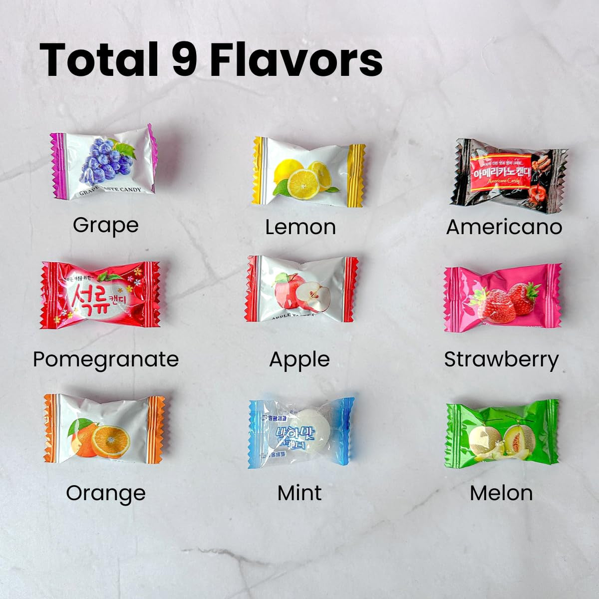 Korean Assorted Fruity Hard Candy, 1.75 Lb Bulk Bag with 200 Individually Wrapped Pieces, 9 Flavor Mix Includes Apple, Strawberry, Orange, Melon, Lemon, Grape, Mint, Americano, and Pomegranate, Variety Pack