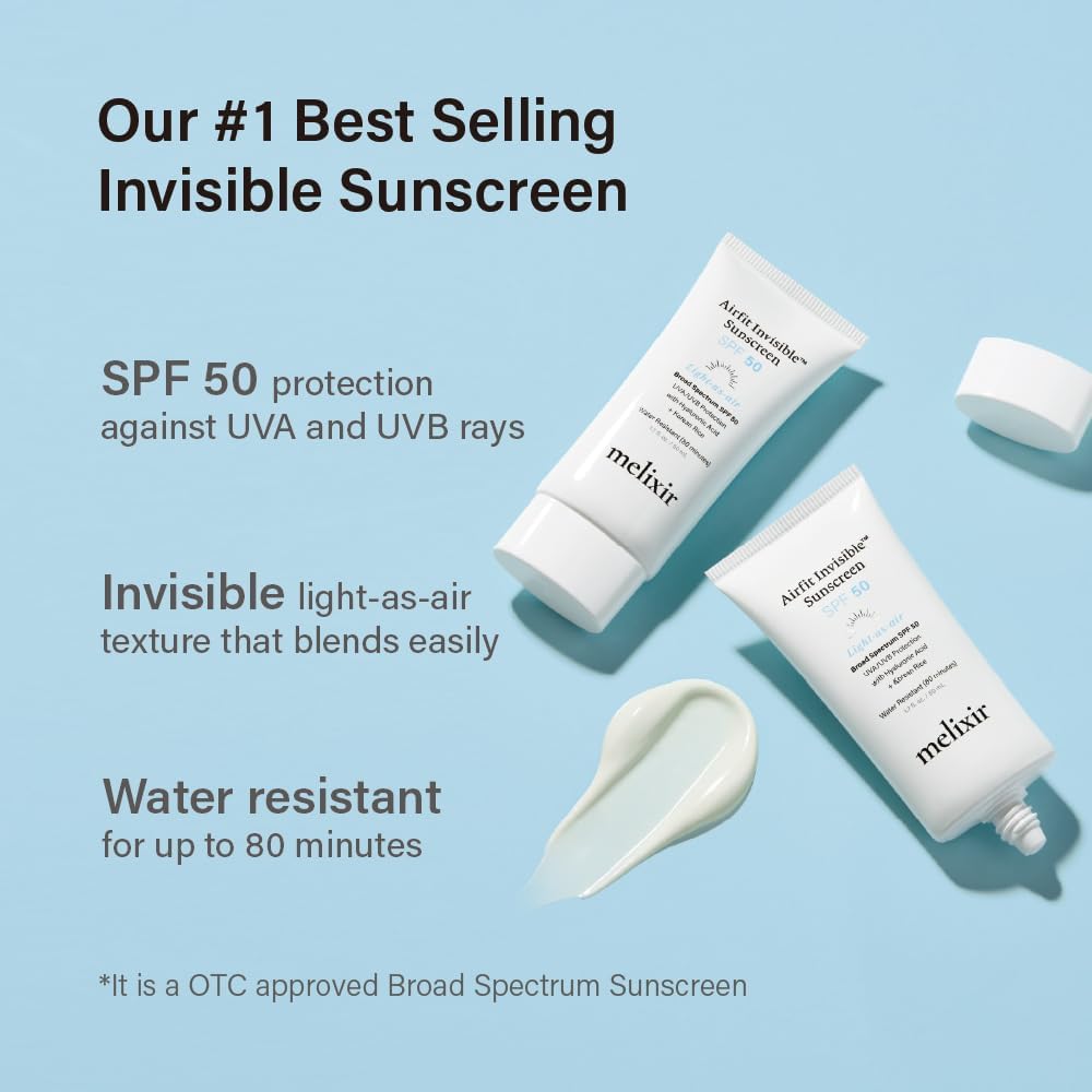 Melixir Airfit Invisible™ Sunscreen SPF 50, Broad Spectrum Korean Rice Sunscreen for Face, Hyaluronic Acid, Moisturizing Daily Protection for Sensitive Skin, No White Cast, Waterproof (1.7Fl.Oz./50Ml)