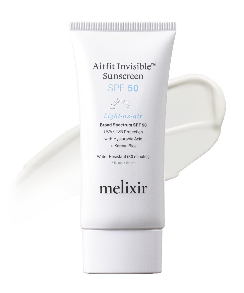 Melixir Airfit Invisible™ Sunscreen SPF 50, Broad Spectrum Korean Rice Sunscreen for Face, Hyaluronic Acid, Moisturizing Daily Protection for Sensitive Skin, No White Cast, Waterproof (1.7Fl.Oz./50Ml)